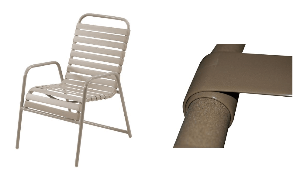 St. Maarten vinyl strap dining chair with close-up detail of double wrapped vinyl strap frame used in commercial outdoor pool furniture.